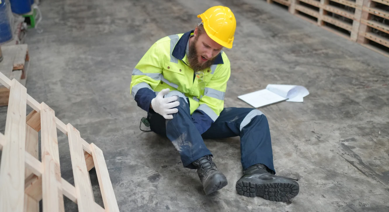 Injured construction worker sitting on a warehouse floor