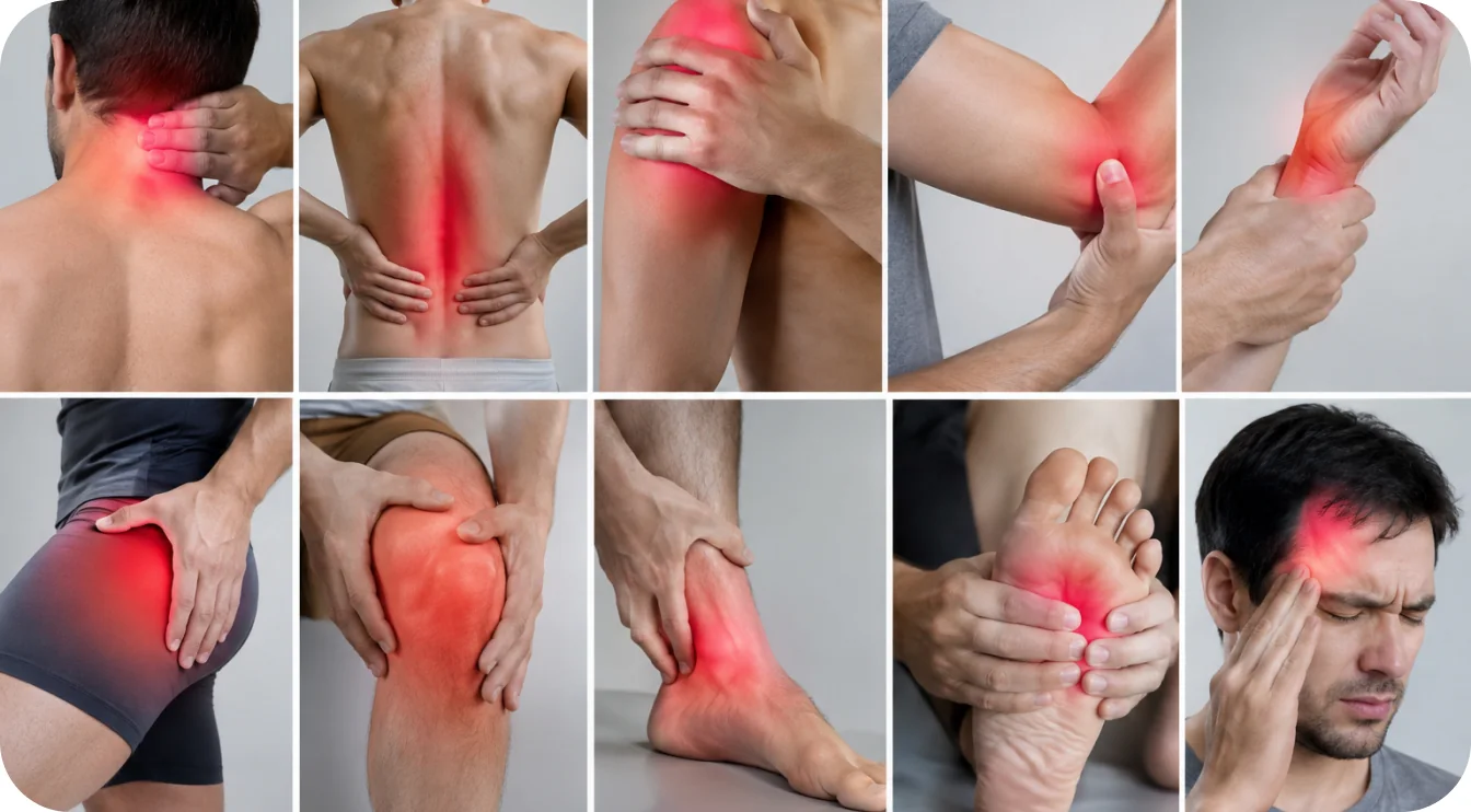 Collage of common pain areas: neck, back, shoulder, elbow, wrist, hip, knee, ankle, foot and head